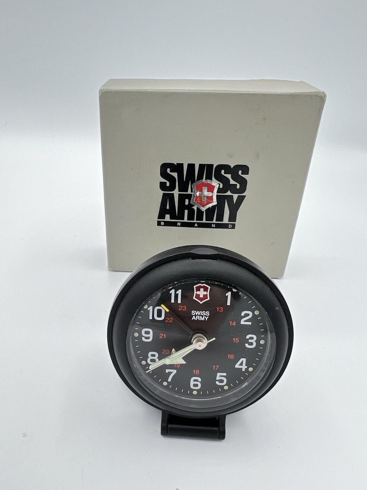 Victorinox Swiss Army Travel Alarm Clock Black Folding Case Switzerland German