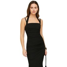 Reformation Dress Womens XS Black Midi Ruched Halter Square Neck Bodycon Stretch