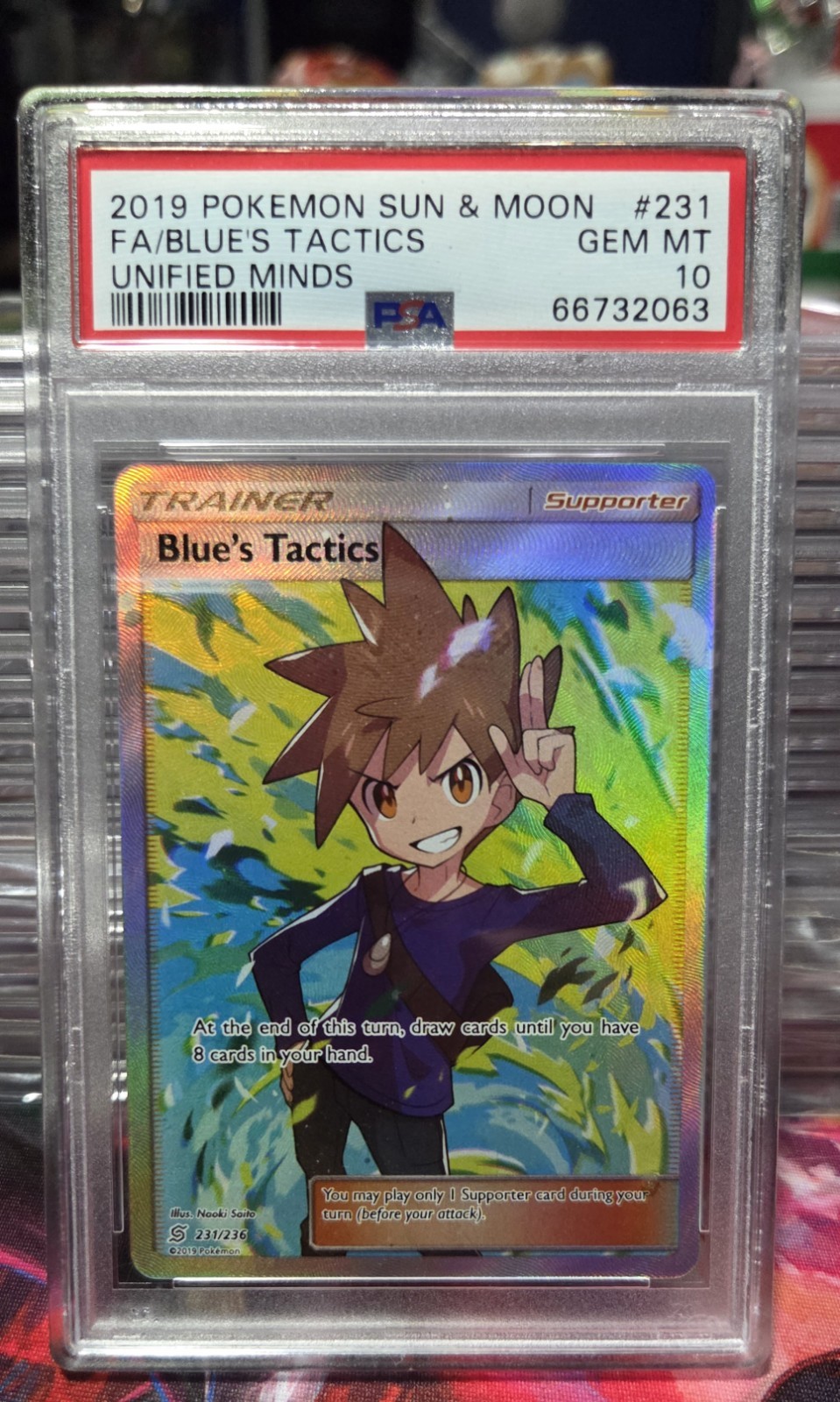 2019 POKEMON SUN & MOON UNIFIED MINDS #231 FULL ART/BLUE'S TACTICS PSA 10