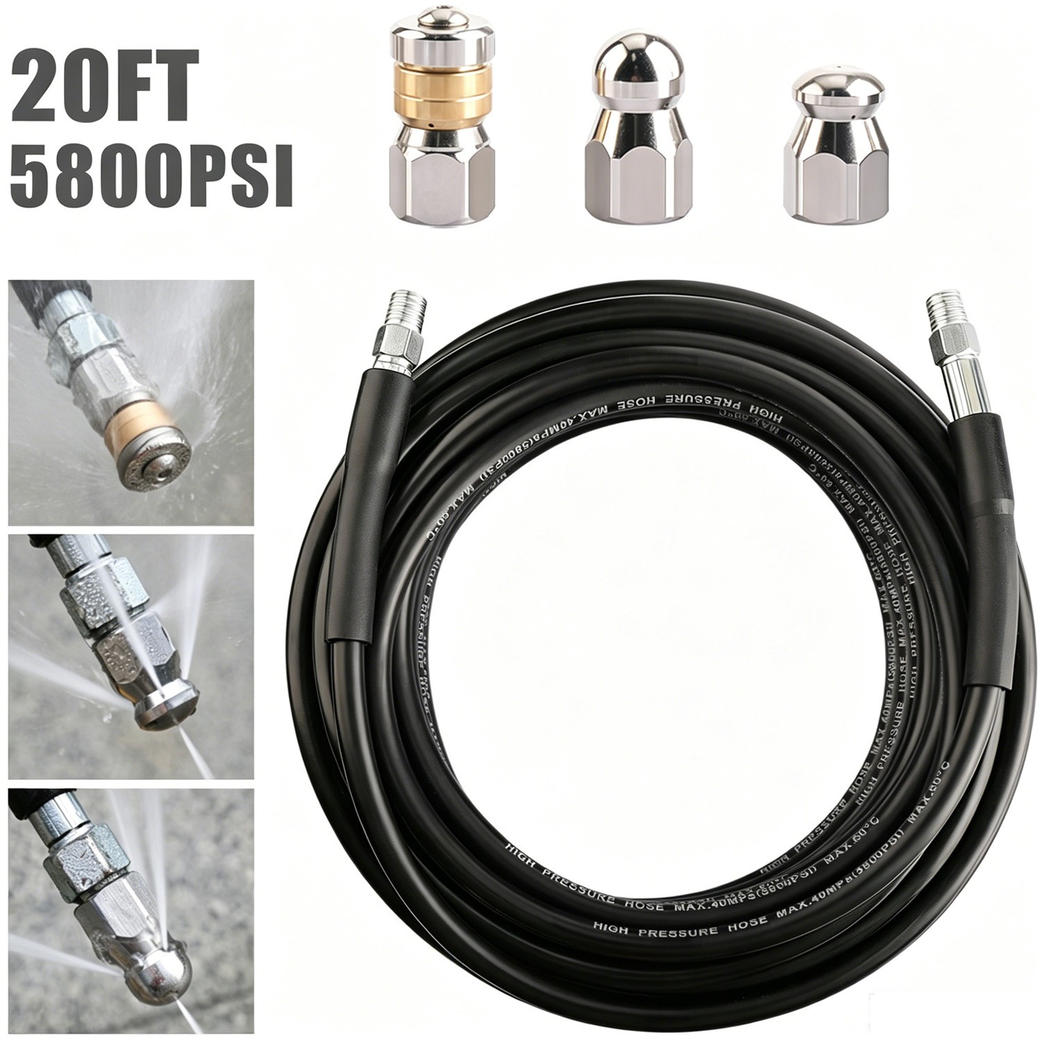 5800PSI Sewer Jetter Nozzles Kit 20FT Drain Cleaning Hose for Pressure Washer US