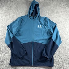 Under Armour Windbreaker Jacket Mens Medium Blue Hooded Full Zip Heat Gear