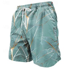Men's Hawaiian Swim Trunks 3D Leaf Print Beach Shorts Quick Dry Outdoor Leisure