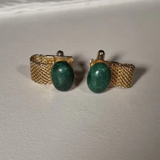 Vintage Gold Toned Jade Oval Mesh Wrap Around Cufflinks
