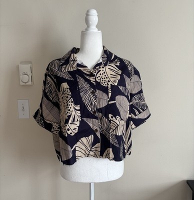 NWT Shore Brand Womens Large Tropical Nautical Top Raw Hem Linen Resort Wear