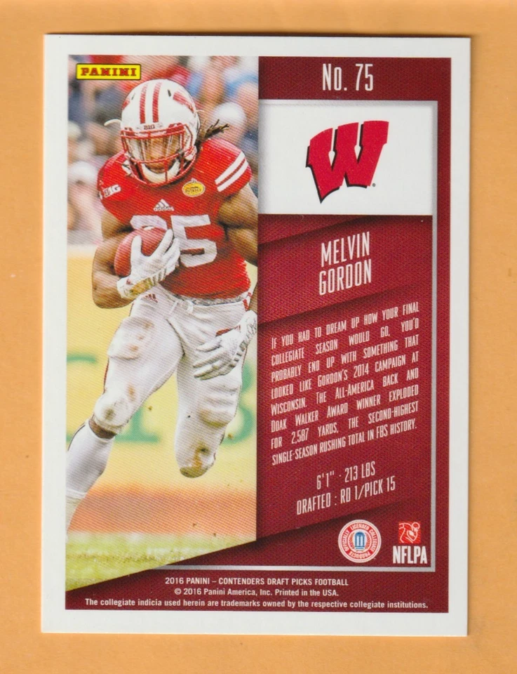 Melvin Gordon Wisconsin Badgers 2016 Contenders Draft #75 Kenosha WI - Image 2 of 2