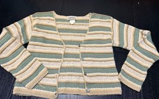 Vintage 90s Striped Knit Button-Front Cardigan - Cream  Sage