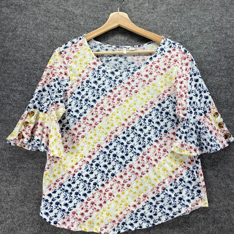 Blusa Cato Mujer M Mediana Blanca Rayas Manga 3/4 Cuello Redondo Algodón Informal Foto 3 de 4