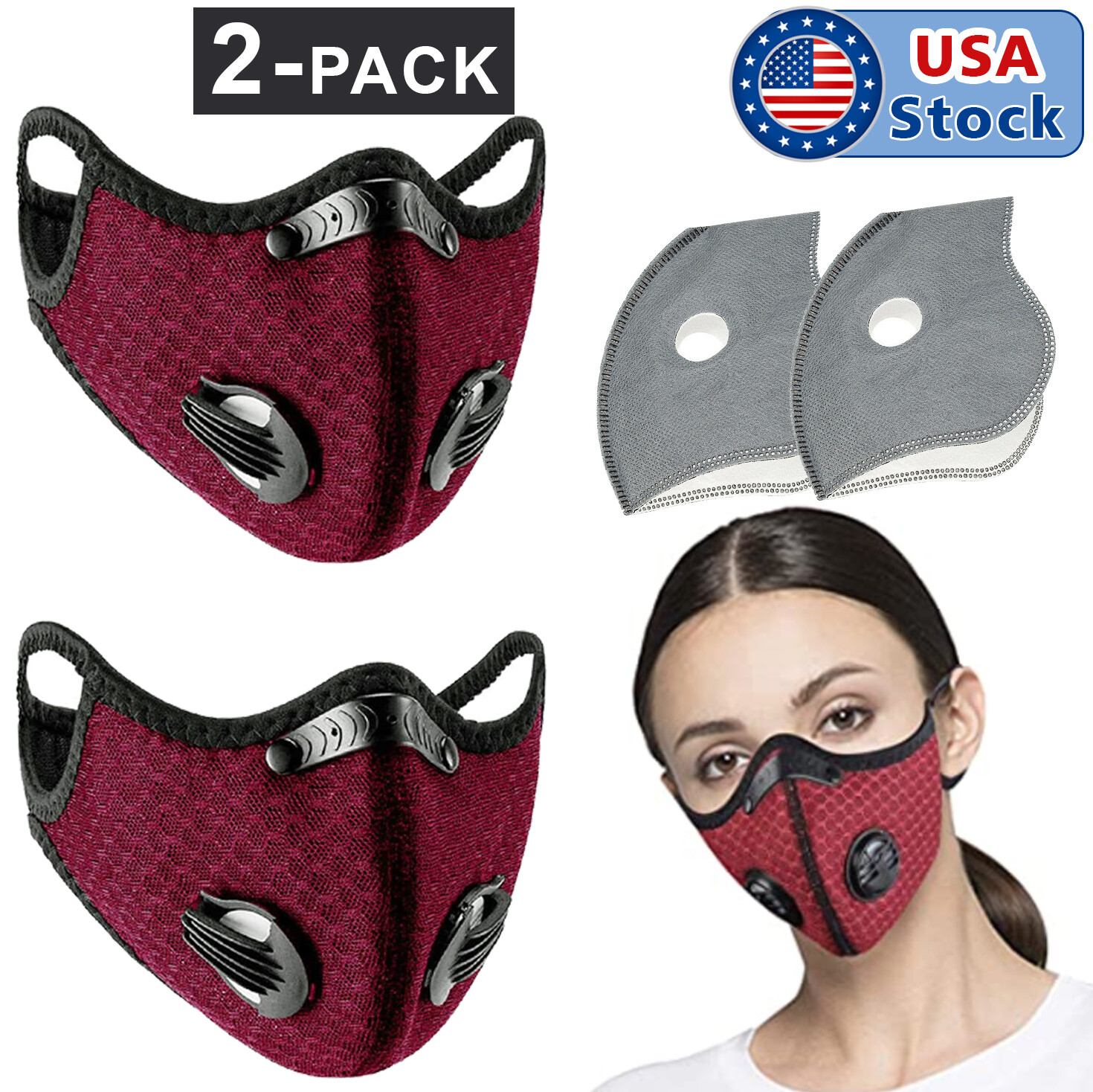 2PCS Activated Carbon Air Purifying Face Mask Cycling Reusable Filter