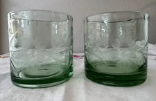 Bobby Flay Green Etched Double Old Fashioned Whiskey Rocks Glasses Set Of 2 NICE