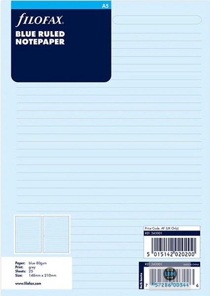Filofax A5 size Blue Ruled (Lined) Notepaper Refill Insert 343001