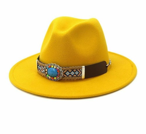 Giallo Feltro Cappelli Donna Uomo Panama di Coperchi Largo con Falda Lana  Jazz | eBay