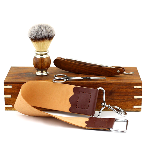 Men Shaving Kit Wooden Brush Straight Razor Barber Salon Strop Trimming Scissor - Picture 2 of 6