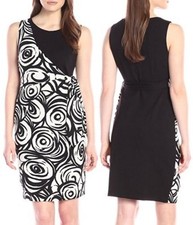 Nine West Black/Ivory Faux Wrap Swirl Print Stretch Ponte Dress w/Solid Back $98