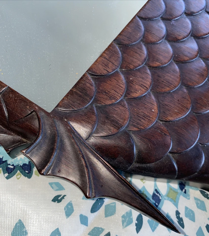 Китайский Koi рыбы резьба резной деревянный зеркало вися изящный!  Винтаж - Изображение 3 из 4