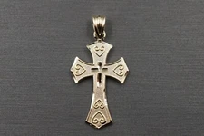 10K Solid Yellow Gold 1.35" Diamond Cut Heart Cross Charm Pendant.