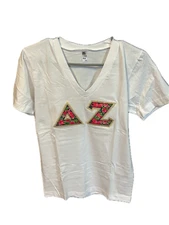 Delta Zeta Sorority V-neck Double Stitched Letter Shirt-White- Size XS-New!