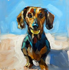 Dachshund Oil Painting Original Art Dog Portrait with Ball Wall Art 6x6"