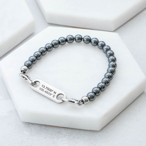 Hematite Grid Coordinates Bracelet Beads Charm Custom Engraved Message UK Ammo - Picture 2 of 10