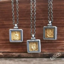 Gold Plated Sterling Silver Small Square Amulet Pendant Necklace Buddha Ganesha