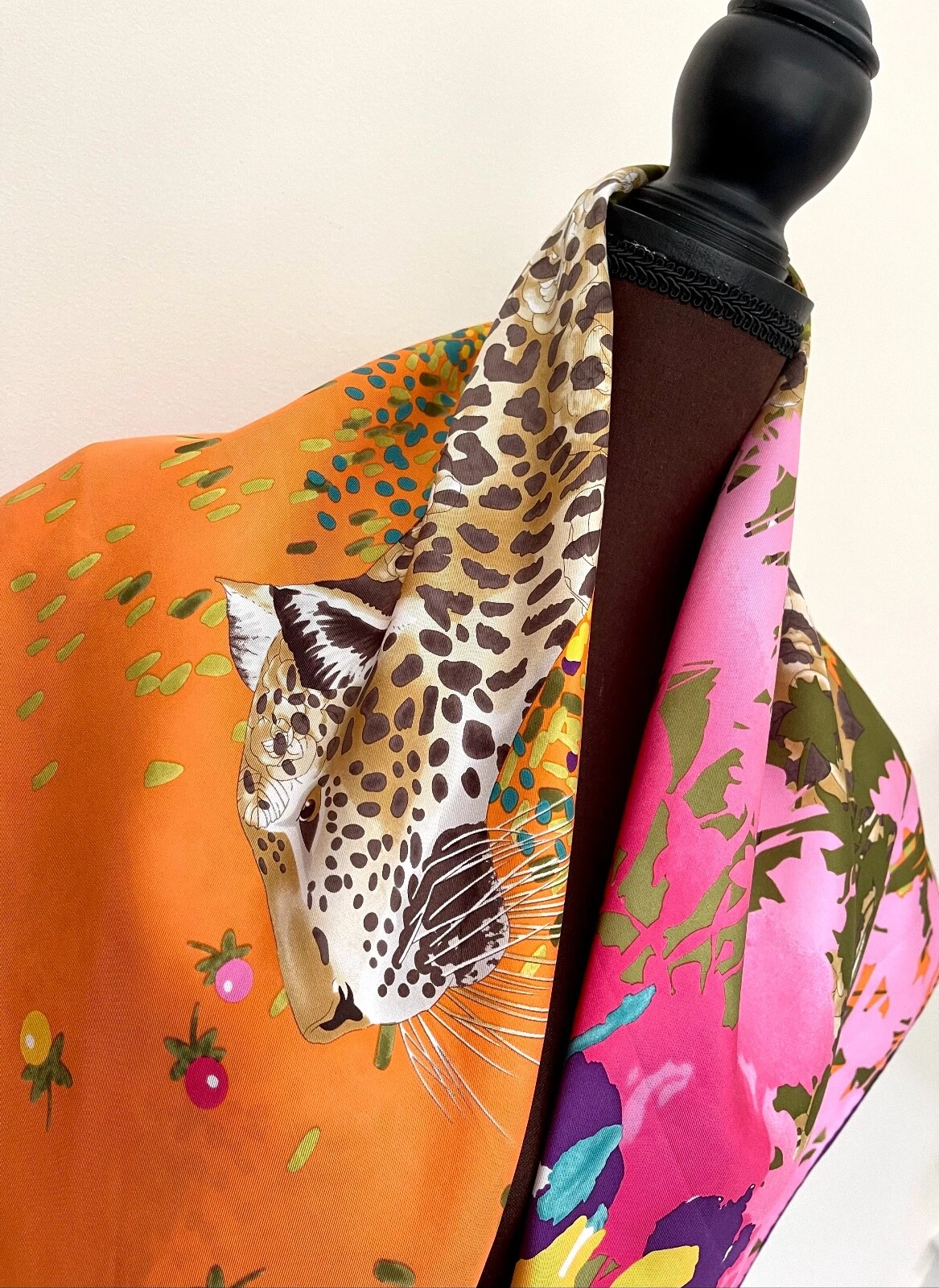 Salvatore Ferragamo Silk Scarf Animal Leopard Garden Floral Leo Orange Wrap