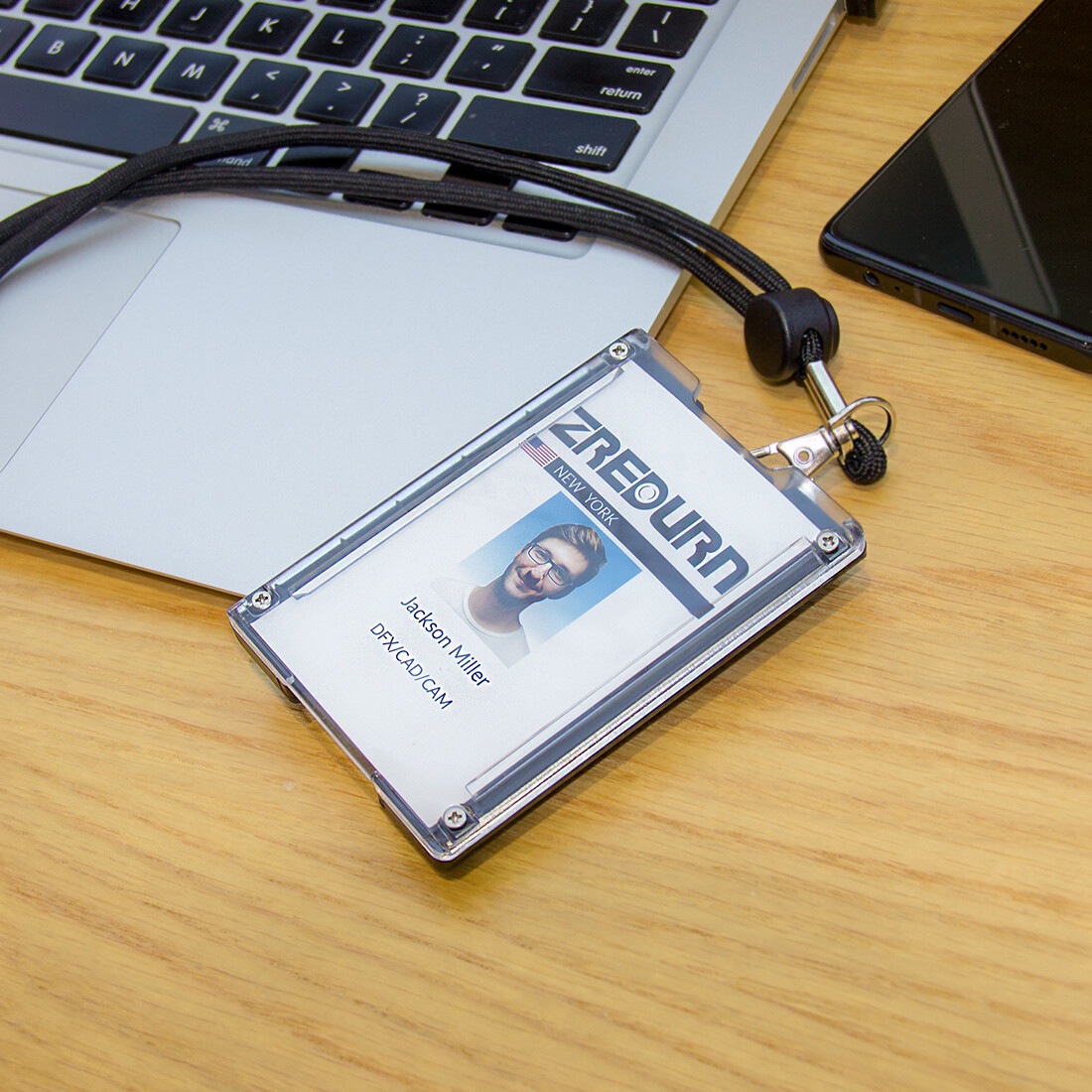 Heavy Duty ID Badge Holder With Lanyard Clip & 4 Vertical Card Slots - Black Wallet Case