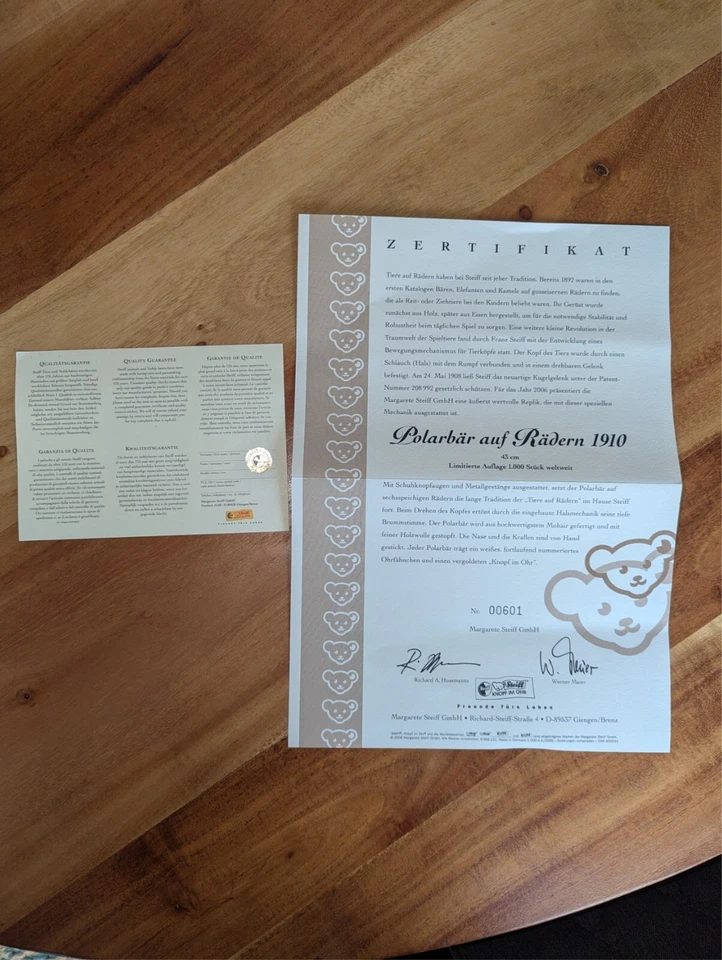 Steiff 400544 Polarbär auf Rädern lim. 1000 2006 Mohair 43 cm MIT ZERTIKAT & OVP - Bild 4 von 4