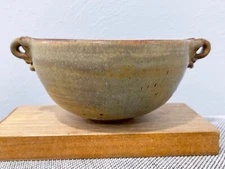 Studio Pottery Double Handled Bowl w/ Brown Olive Green & Orange Toned Glaze