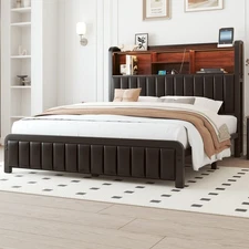 Full Queen Size Metal Bed Frame with LED and Storage Charging Headboard