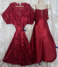 VTG FANCY 2X Deep CHERRY RED ILLUSION Satin Peignoir Robe Nightgown Gown Set