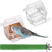 2 Pack Bird Cage Feeder Clear No Mess Food Bowl with Perch for Parakeets Canarie