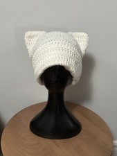 White Cat Ear Beanie, Crochet Handmade Hat Kawaii goth edgy Trendy Gift idea