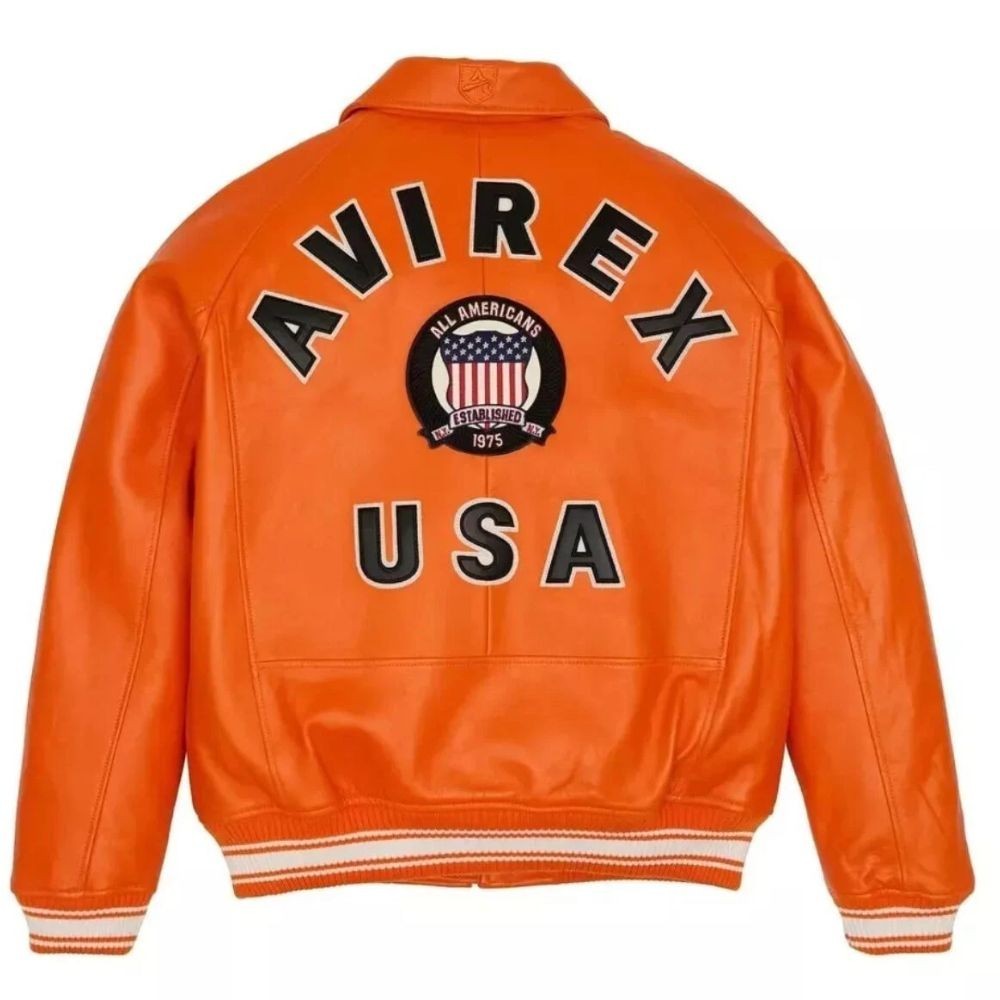 Avirex Men's Real Cowhide Leather Bomber American Flight USA Orange Jacket
