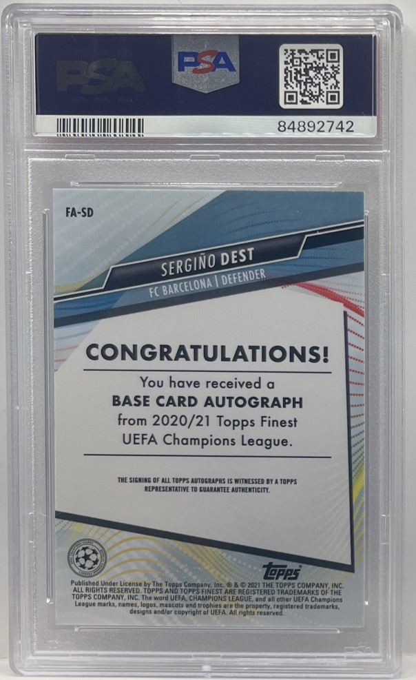 2020 Topps Finest UEFA Sergino Dest Auto Autograph #FA-SD PSA 10 GEM Barcelona view 2