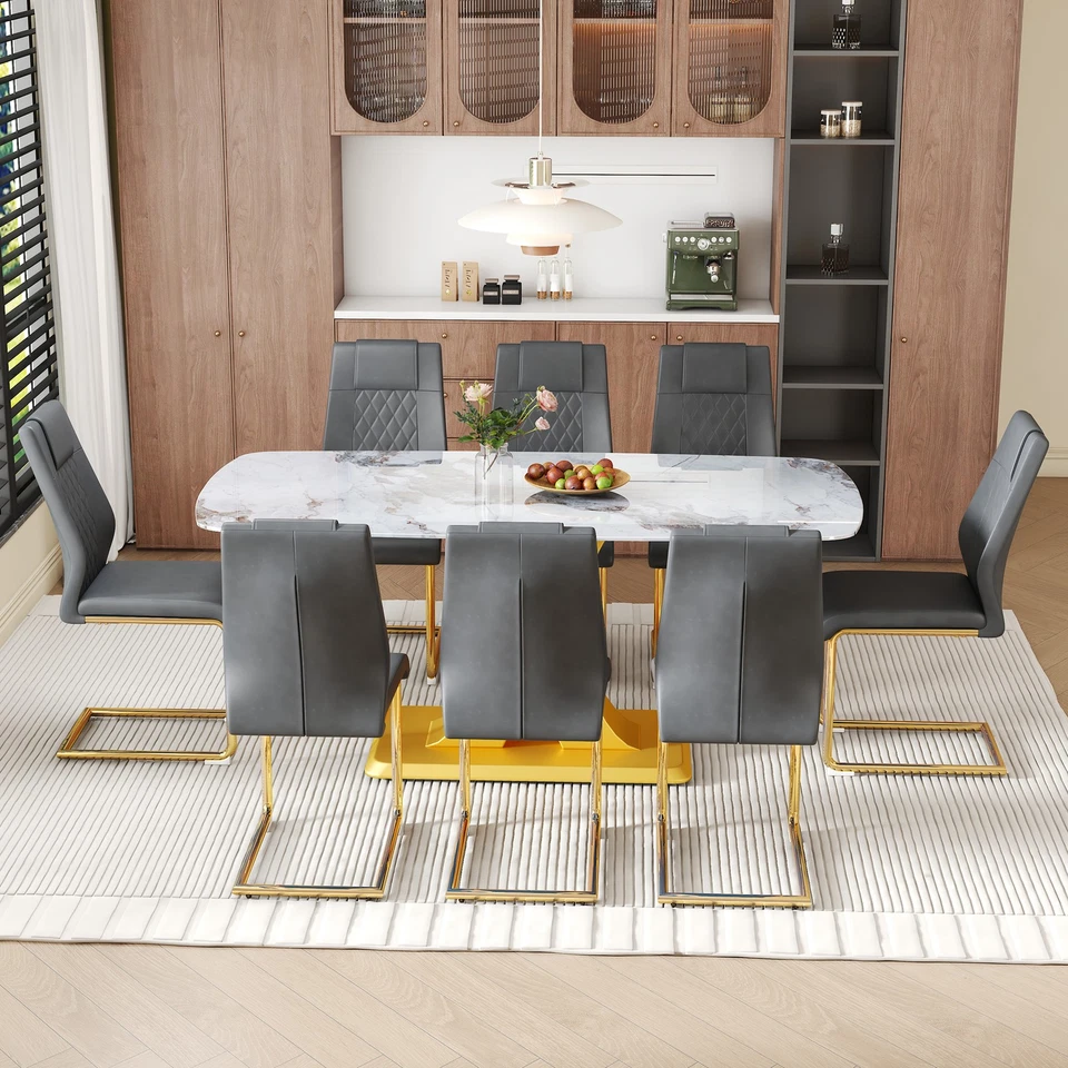 9 Pieces Dining Room Table Set 71 in Glass Faux Marble Kitchen Table 8 PU Chairs - Image 3 of 4