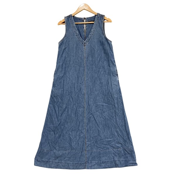 Decjuba Dress Womens 8 Blue Denim A-Line Maxi Sleeveless V Neck Zip Pockets