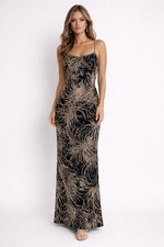 VTG Alyce Designs Black Gold Slinky Prom Ball Party Glam Glitz Dress Medium Y2K