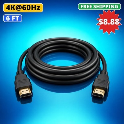 HDMI Cable 6 FT 4K 60Hz Gold Plated Type-A to Type-A for TV PS5 Xbox PC Monitor