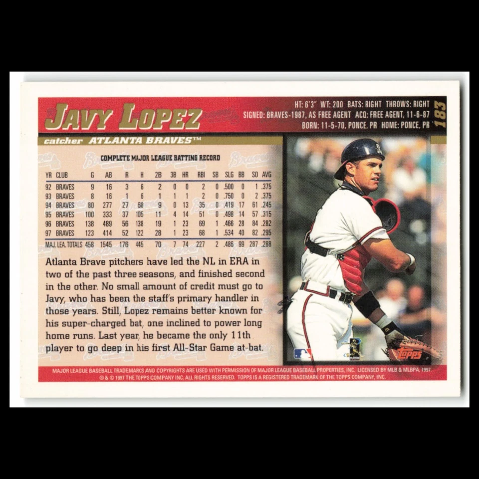 Javy Lopez #183 1998 Topps Atlanta Braves Baseball Card MLB NM - Image 2 of 3