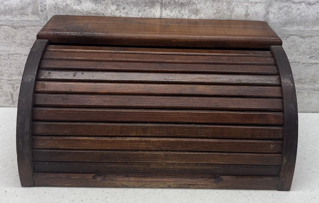 Vintage 1970s Wood Roll Top Bread Box Dark Stain Farmhouse Kitchen
Opens in a new window or tab