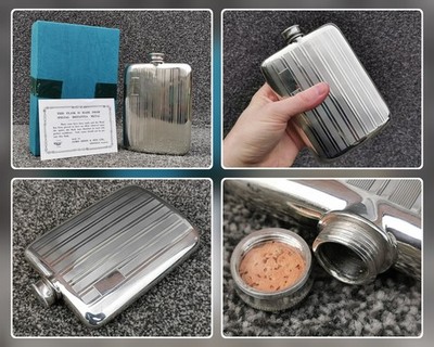 James Dixon & Sons Britannia Metal Hip Flask 8oz Boxed c1950s England, Boxed