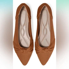 Size 9 Brown Women's Ballet Flats Shoes Pointed Toe Knit Ribbed Bow Detail