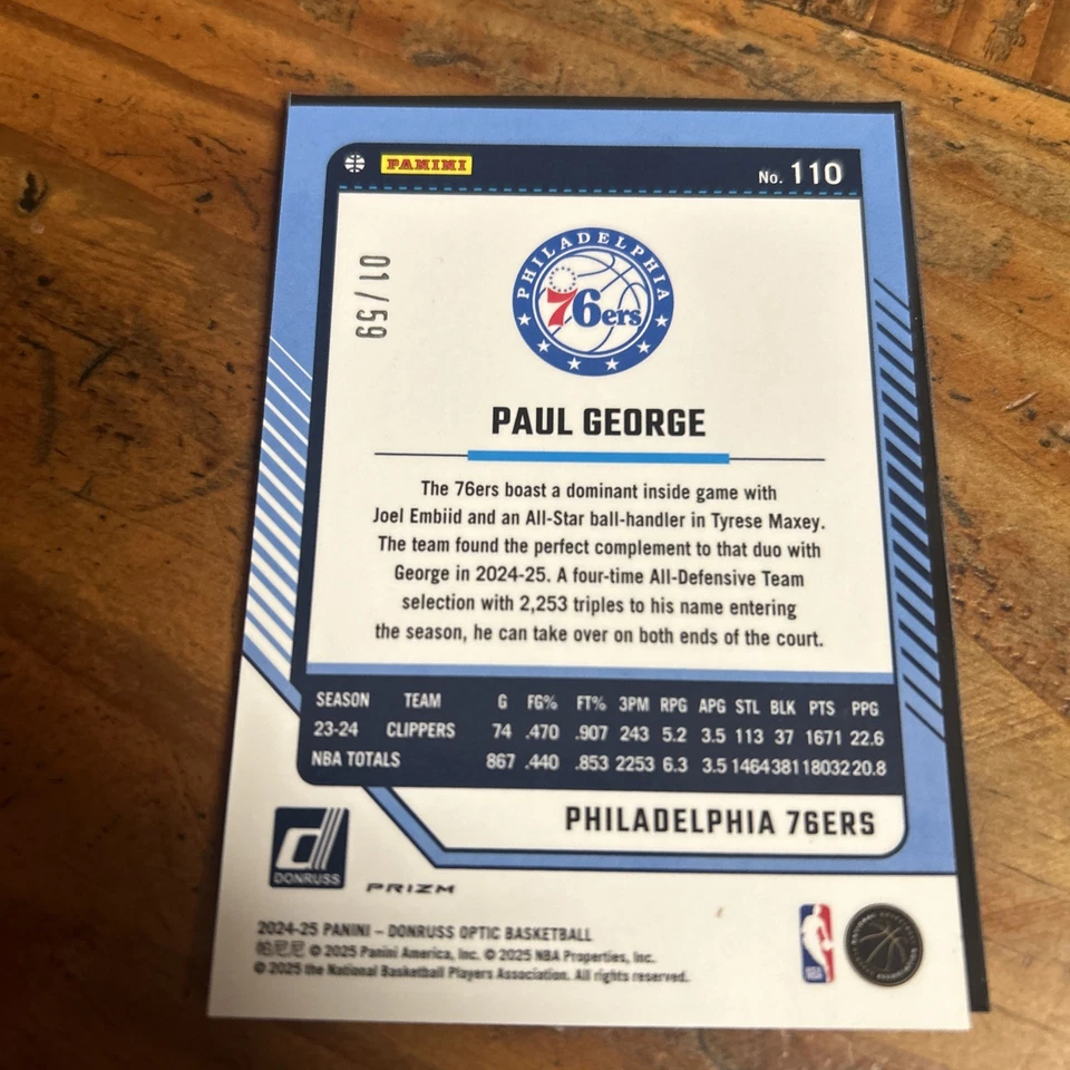 PAUL GEORGE #110 2024-25 DONRUSS OPTIC белый prizim чехол хит 01/59 редкая карта - Изображение 2 из 4