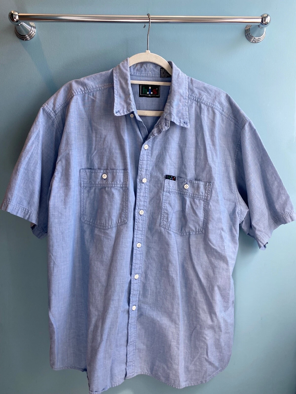 Vintage 90s H.I.S. Button Up Shirt Blue Collared Beach Style Size XL