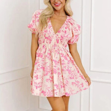 Pink Floral Puff Sleeve Mini Dress S