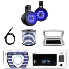 Pyle Single-DIN Marine MP3 Receiver W/White Cover, 2x 8" 300W Max LED Speakers