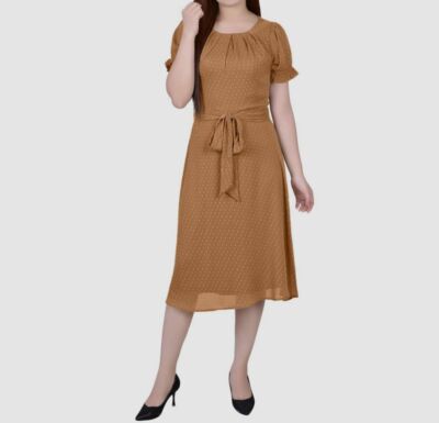NY Collection Women's Brown Swiss Dot Pleated Self-Tie Dress Petite Size PM