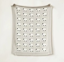 Knitted Cotton Baby Blanket in Grey, with Black  White Sheep
