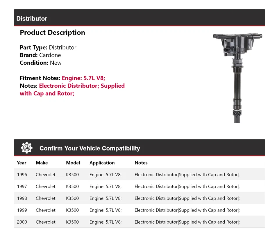 Para Chevrolet K3500 1996-2000 5,7 L V8 distribuidor Cardone 1997 1998 1999 Foto 2 de 4