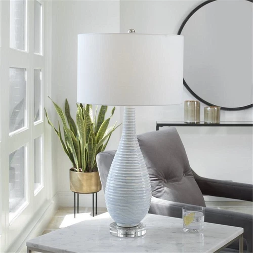 Uttermost Clariot Coastal Ceramic and Crystal Ribbed Table Lamp in Blue/White - Picture 2 of 7