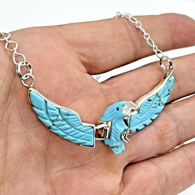 Navajo Sterling Carved Turquoise Eagle 20'' Necklace 2 1/2  Signed B Livingston